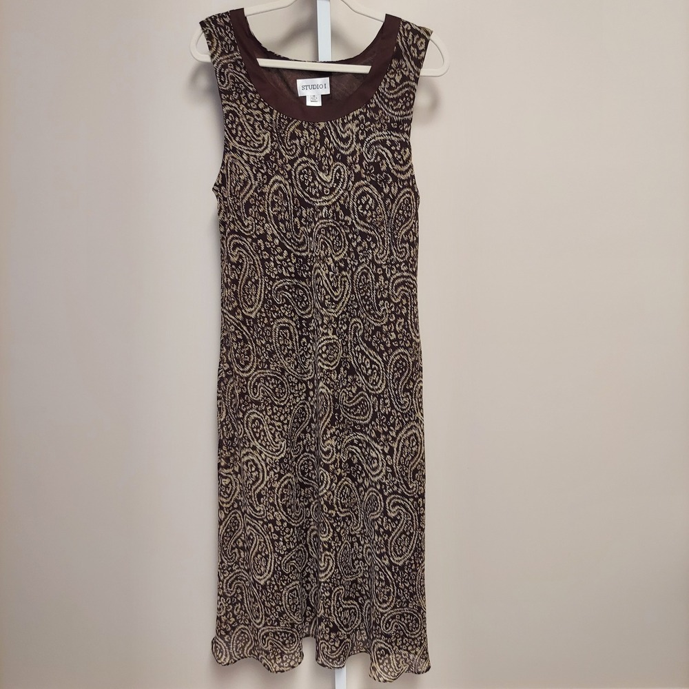 Studio I Womens Brown Paisley Sleeveless Chiffon Midi Dress 18 Boho Earthy 90s